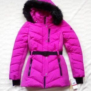 NWT! Michael Kors Belted Hot Pink Fuchsia Jacket Coat With Faux Fur Hood